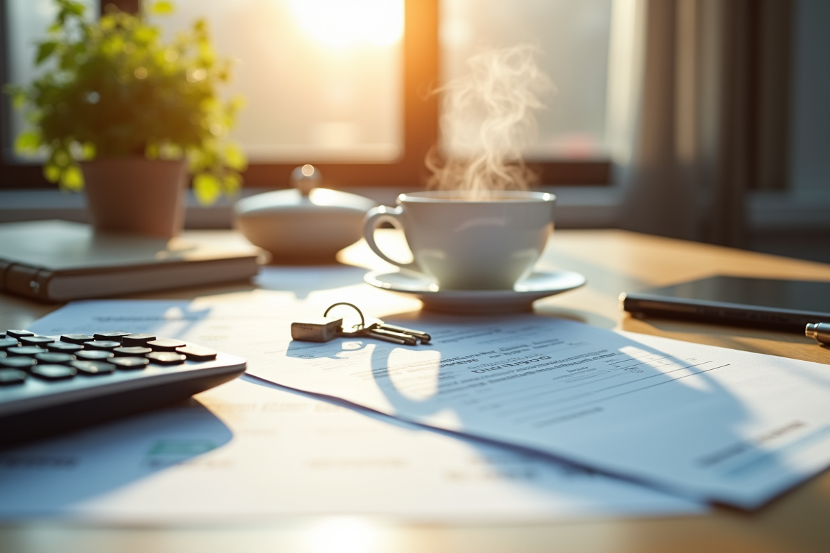 Bureau organisé avec documents fiscaux et tasse de café