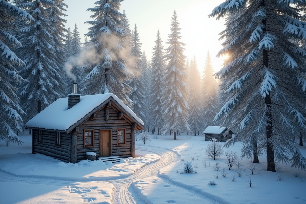 Petite cabane en bois entourée de pins enneiges dans la forêt
