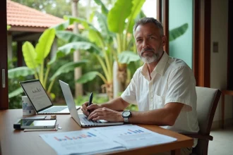 Expatrié occidental calculant la rentabilité locative d'une maison en Thaïlande avec des documents financiers et un ordinateur portable dans une villa tropicale