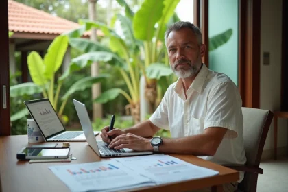 Expatrié occidental calculant la rentabilité locative d'une maison en Thaïlande avec des documents financiers et un ordinateur portable dans une villa tropicale