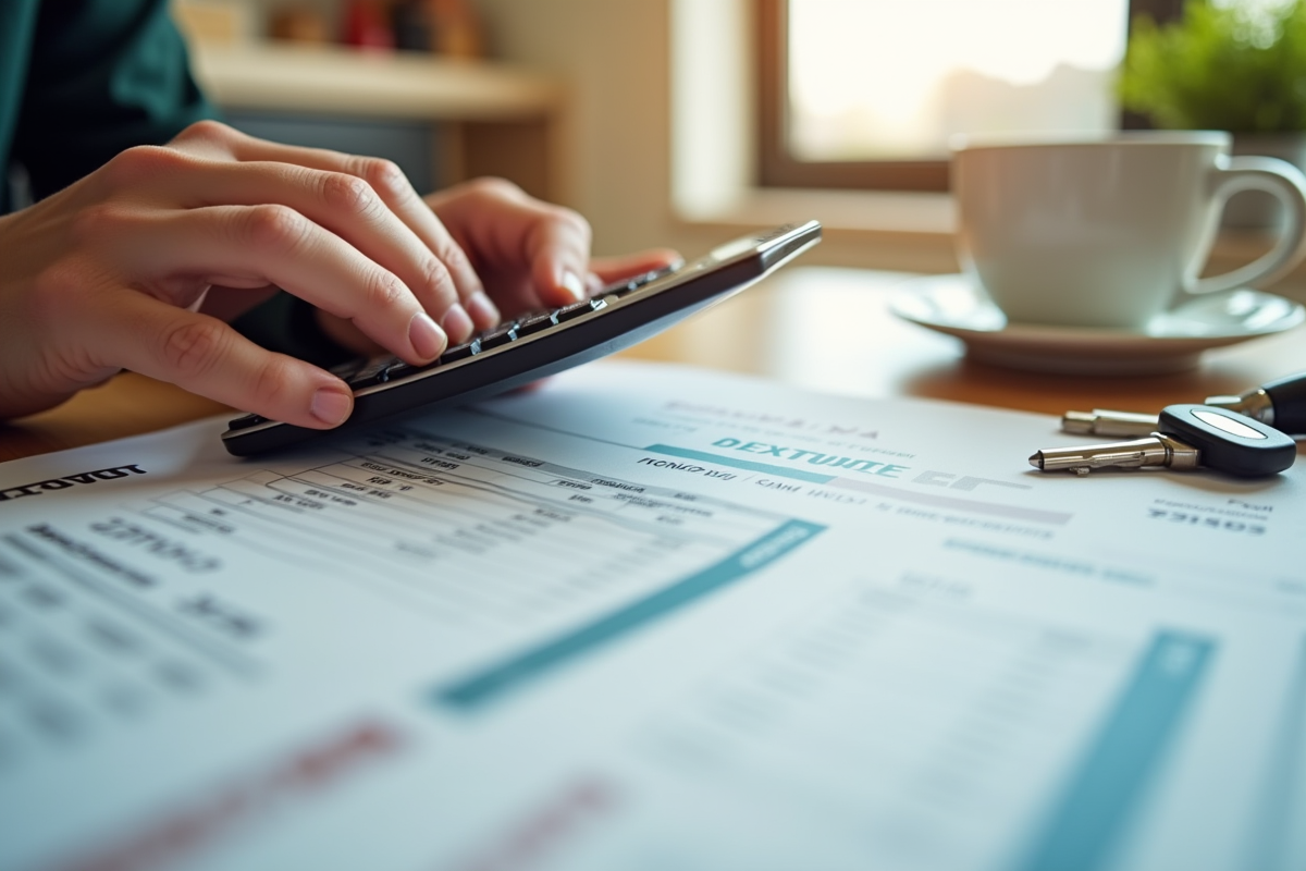 Main tenant une calculatrice et un relevé de prêt immobilier avec clés et tasse