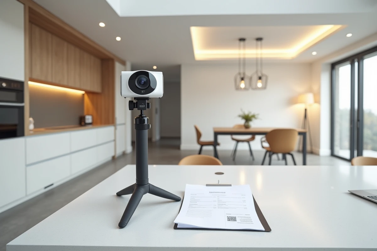 Caméra 360 sur trépied dans une cuisine moderne vide avec devis de visite virtuelle posé sur le plan de travail