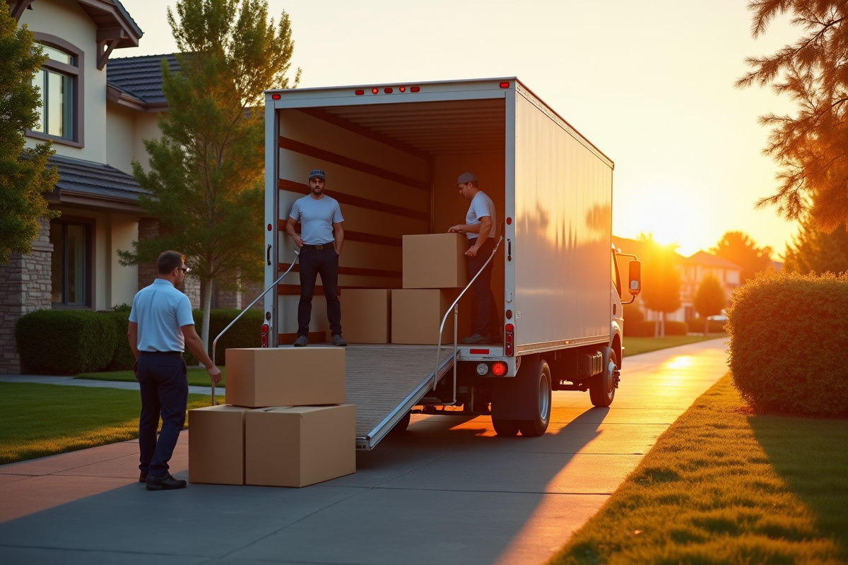 Camion de déménagement devant une maison au lever du soleil