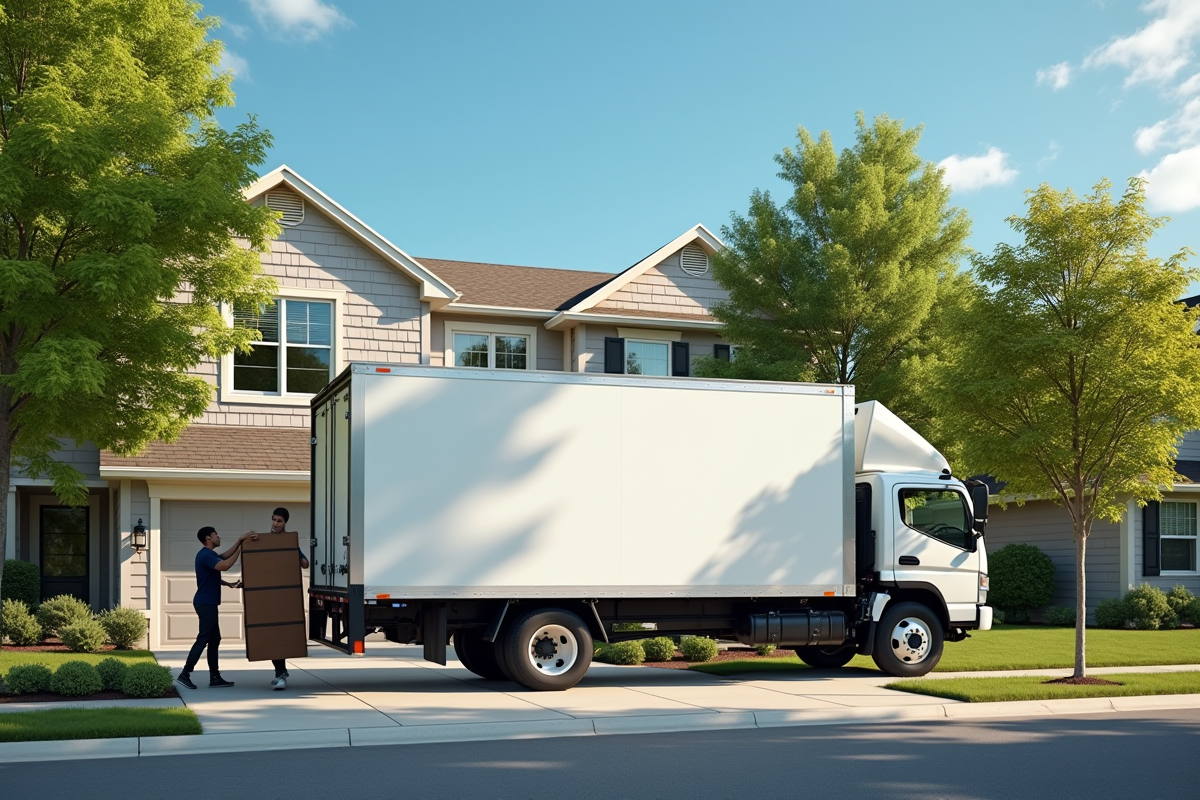 Camion de déménagement devant une maison ensoleillée avec déménageurs