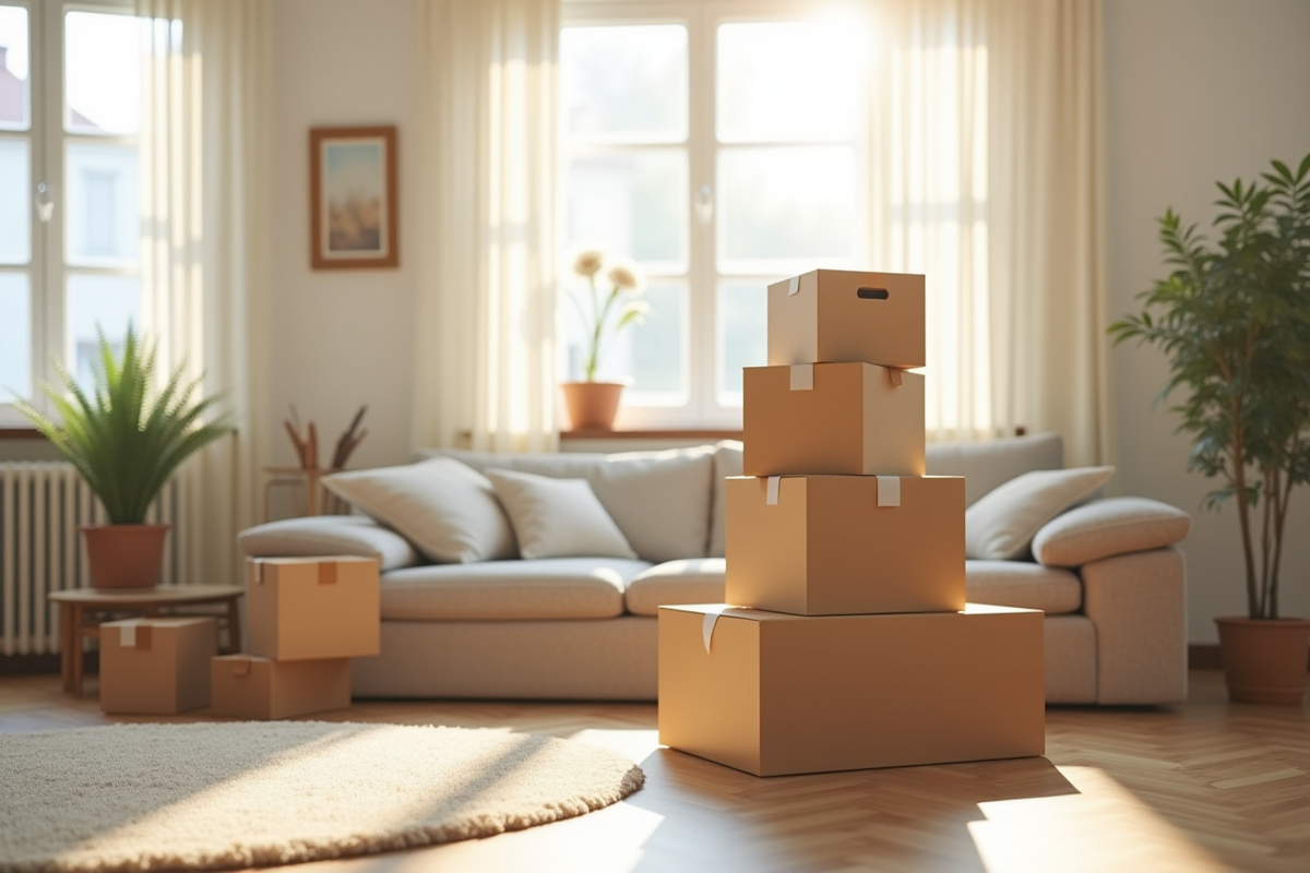 Pile de cartons et couvertures de déménagement dans un salon lumineux