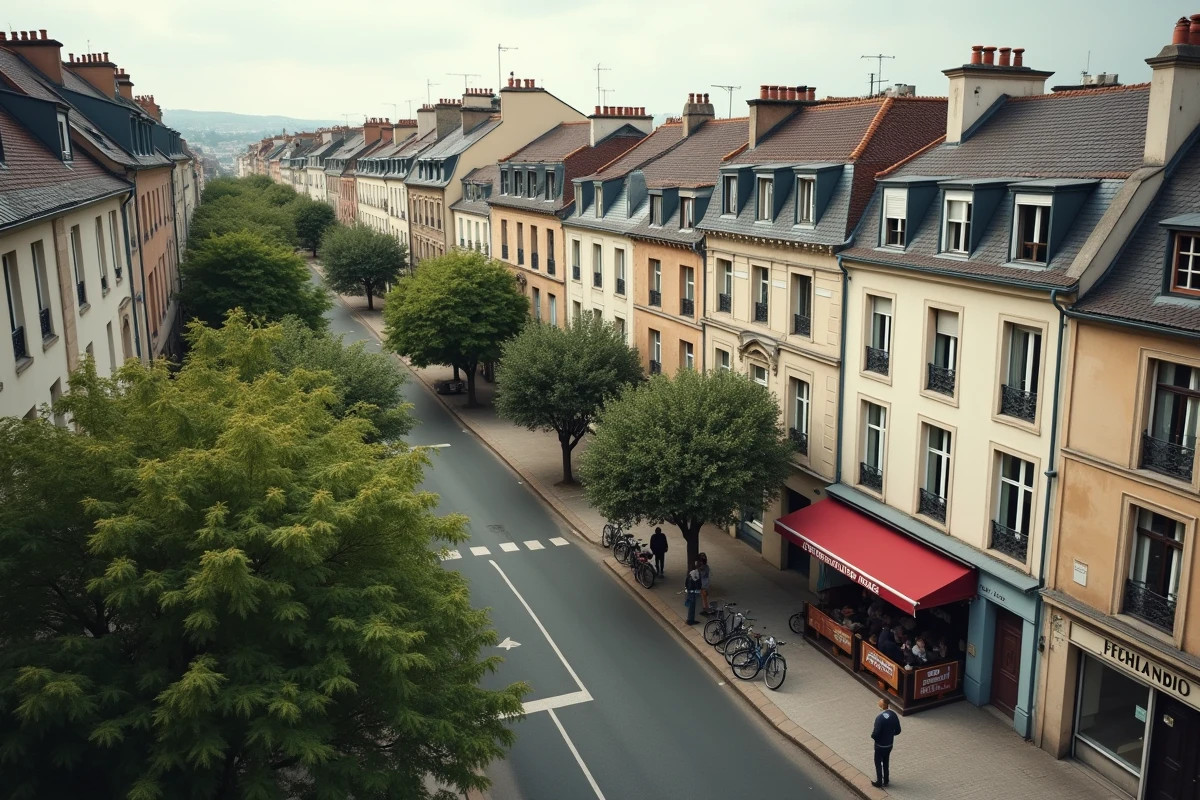 Vue en l&eacute;g&egrave;re plong&eacute;e sur un boulevard du centre-ville de Bergerac avec immeubles anciens et commerces de proximit&eacute;, id&eacute;al pour illustrer les quartiers &agrave; fort potentiel locatif
