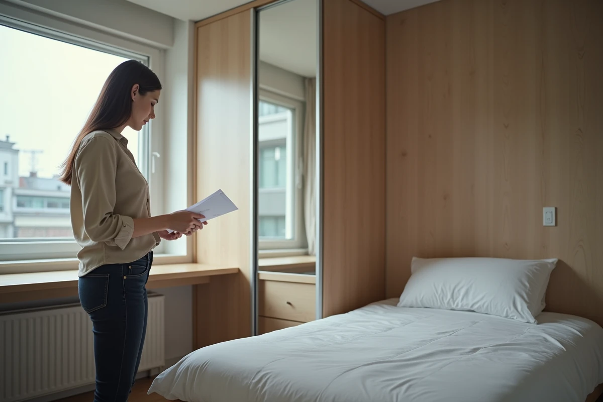 Jeune femme professionnelle dans la chambre d'un appartement T2 bien organisé avec bureau en bois et armoire à miroir