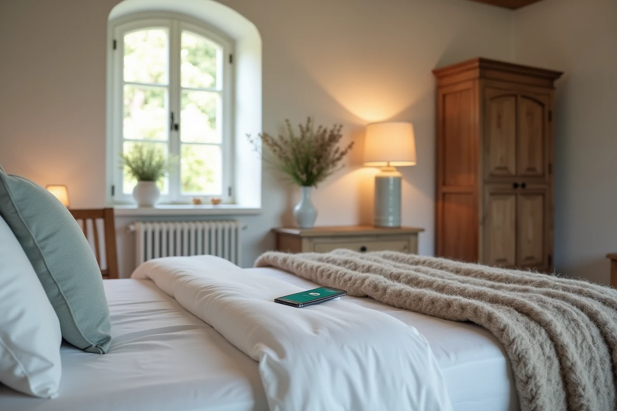 Chambre d'un gîte français avec application Propitea affichant les revenus optimisés sur smartphone posé sur le lit