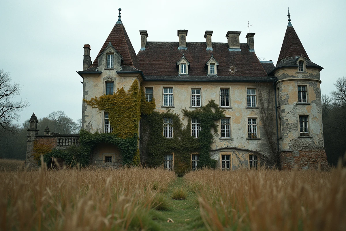 Château abandonné à vendre pour 1 euro symbolique avec façade en pierre craquelée et toit en mauvais état
