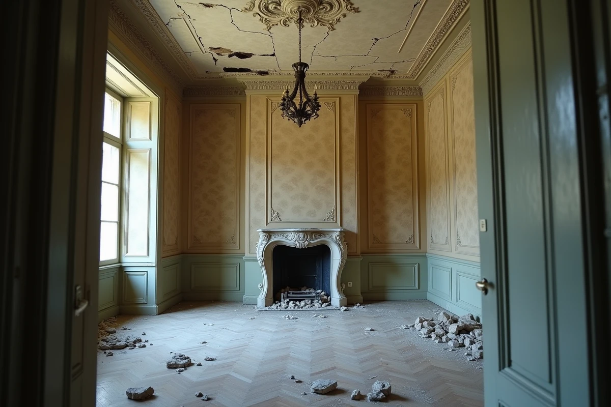 Intérieur d'un château abandonné avec parquet abîmé, plafond effondré et cheminée en marbre à restaurer