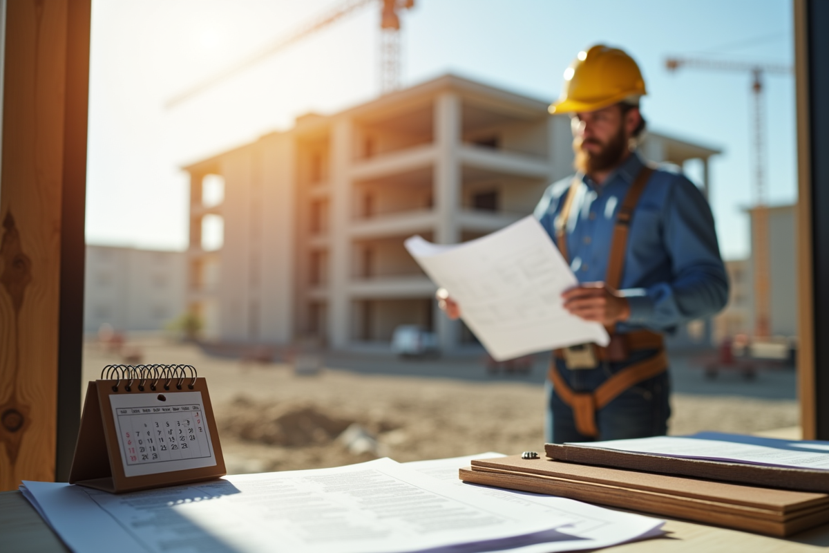 Chef de chantier inspectant un bâtiment neuf avec plans et documents