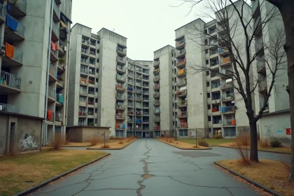Vue extérieure des barres et tours de la cité Pablo Picasso à Nanterre, architecture en béton des années 1970 avec balcons et cours intérieures