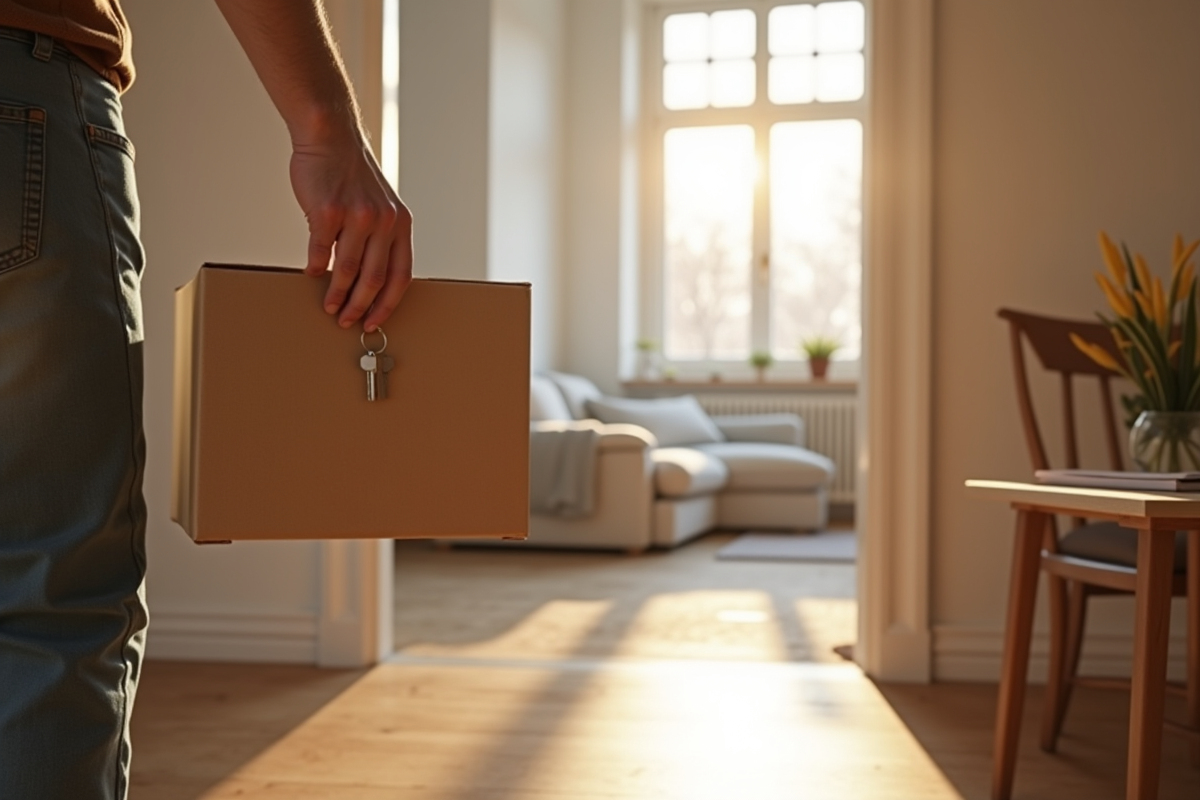 Personne tenant une clé devant un appartement lumineux
