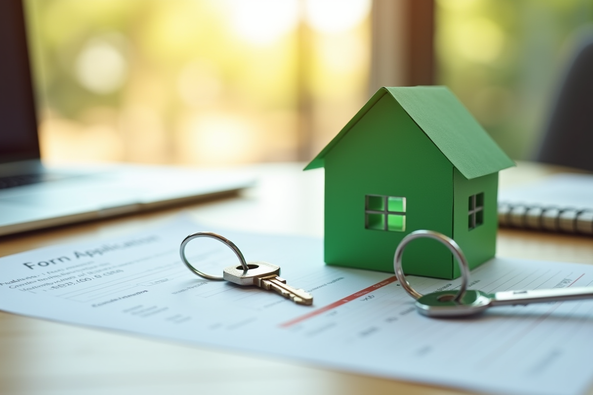 Clés de maison et modèle de petite maison verte sur un formulaire de prêt