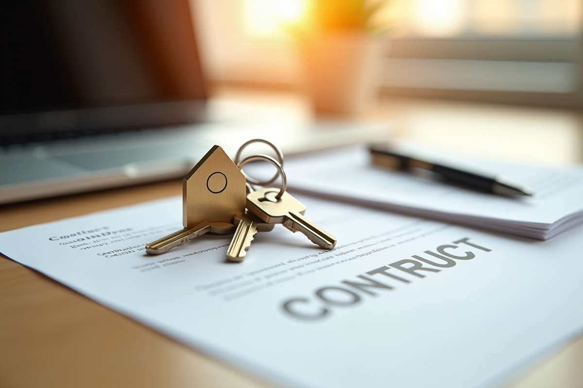 Clés avec porte-clé maison sur contrat soldé et ordinateur