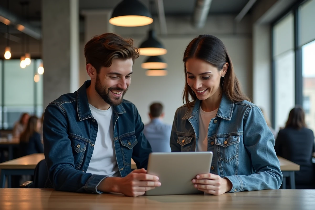 Deux collègues analysant le fonctionnement du site Bim Vup sur une tablette dans un espace de coworking