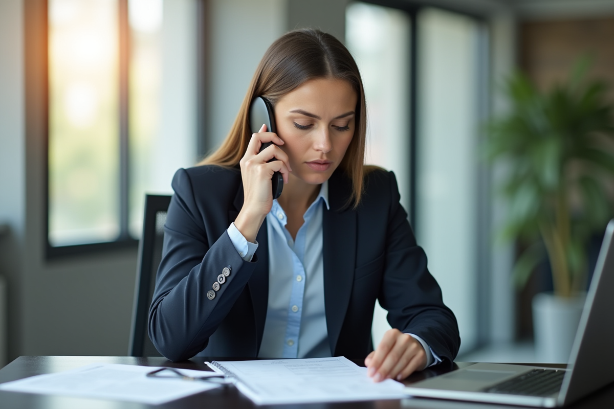 Commerciale au bureau en appel difficile avec lumière naturelle