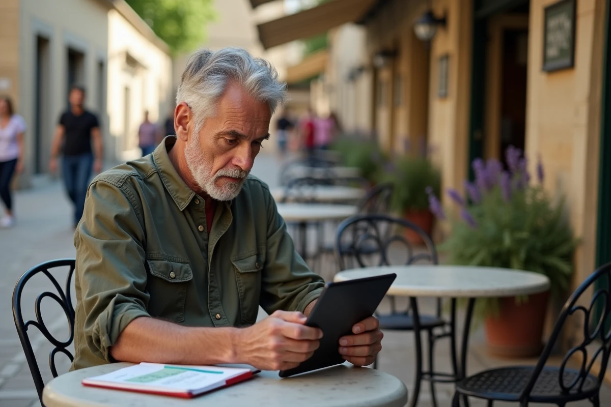 Homme comparant des avis en ligne sur une tablette en terrasse de café avant d'acheter un camping