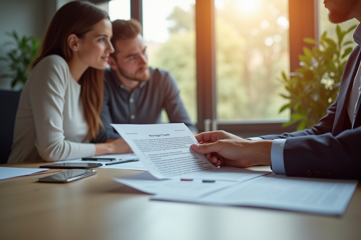 Conseiller financier avec un couple examinant un contrat de prêt immobilier