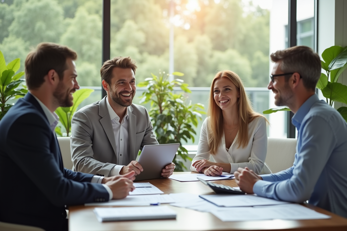 Conseiller financier souriant avec clients dans un bureau lumineux