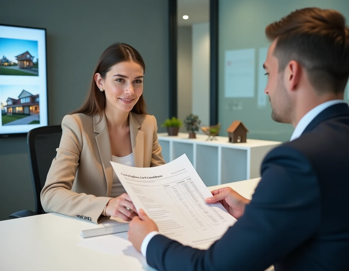 Conseillère immobilière présentant une comparaison des frais de notaire pour terrain et maison neuve
