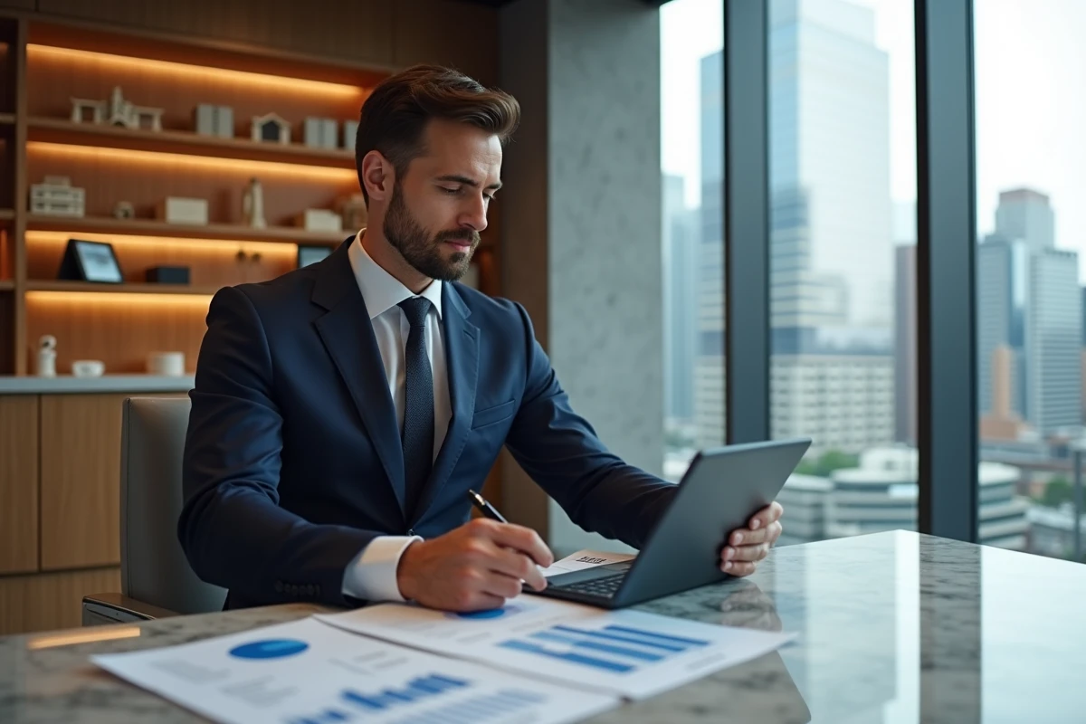Consultant immobilier en costume marine analysant une estimation immobilière pour un investissement locatif haut standing dans un bureau de prestige avec vue urbaine