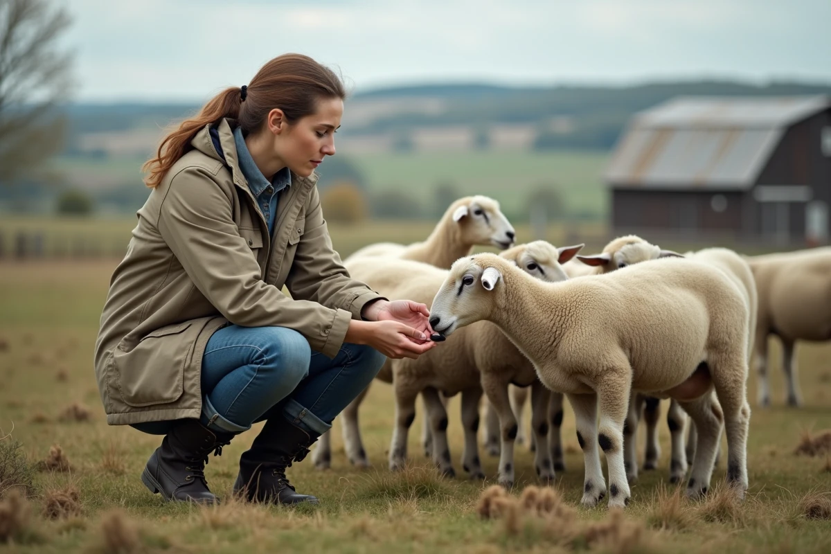 Jeune femme consultante examine des moutons dans un champ