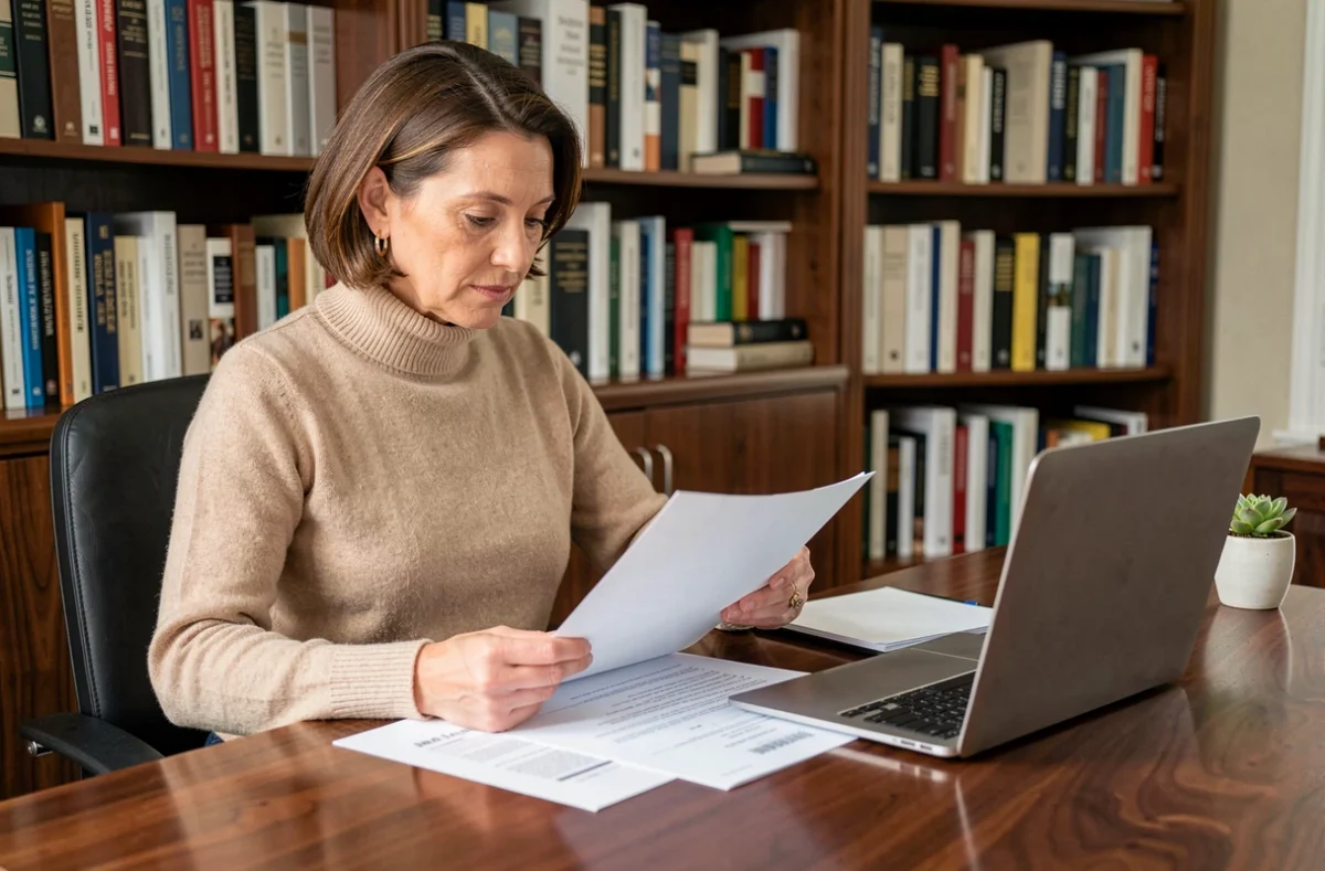 Propriétaire consulte des documents d'estimation immobilière en toute confidentialité dans un bureau privé