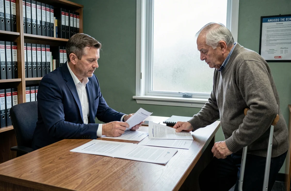 Consultation juridique entre un avocat et un locataire handicapé sur ses droits face à une procédure d'expulsion