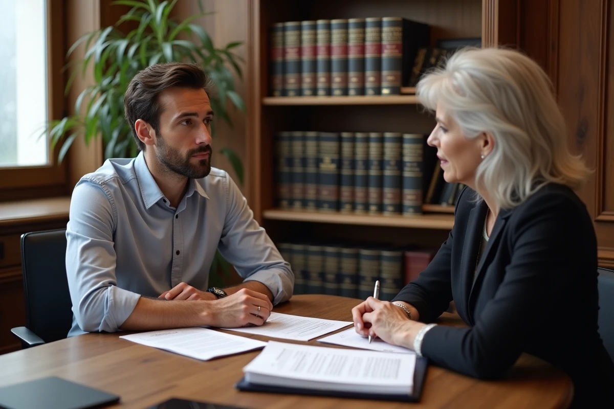 Un vendeur et un acheteur immobilier discutent d'un dossier de vice caché dans un bureau juridique lors d'une procédure devant le juge de proximité