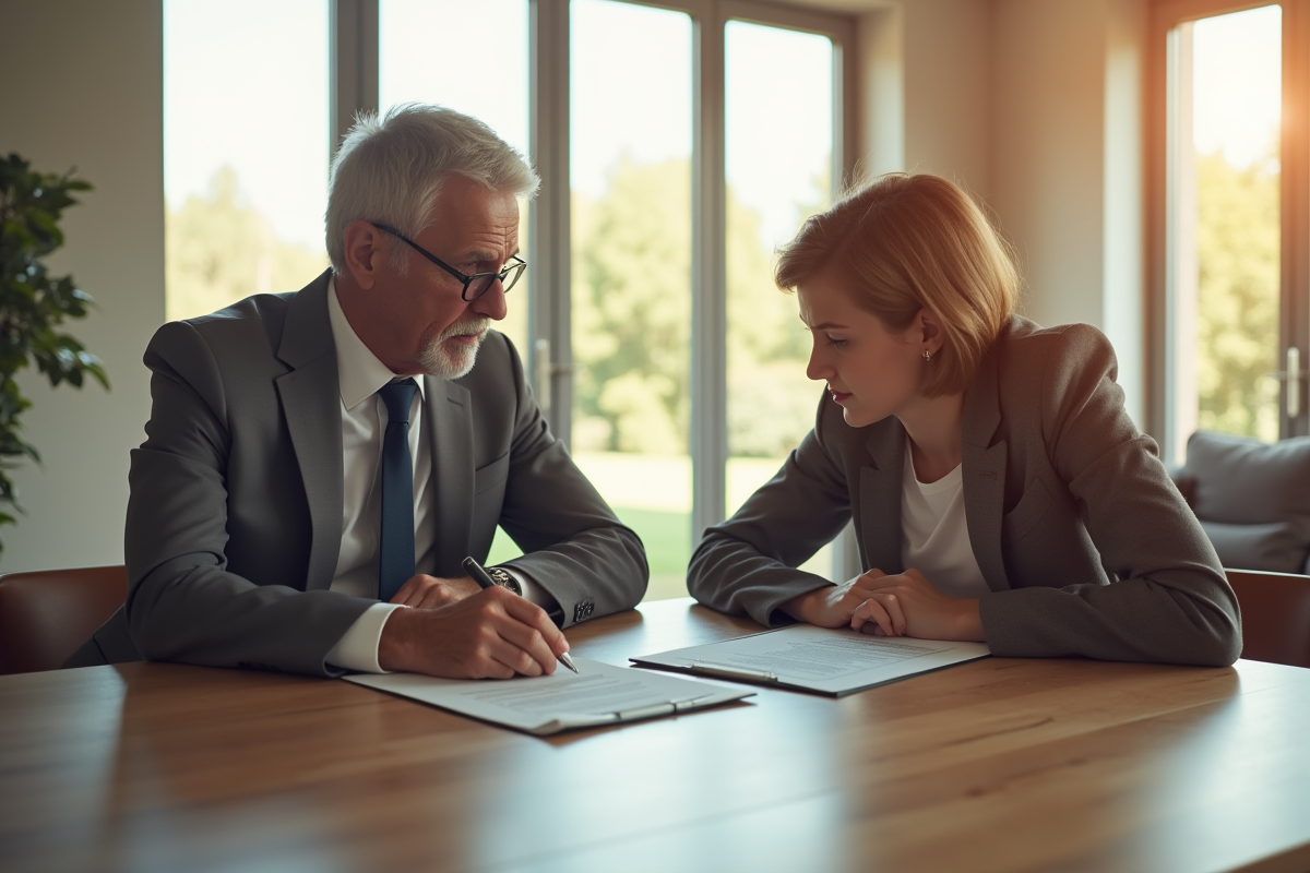 Propriétaire et locataire signant un contrat immobilier lumineux