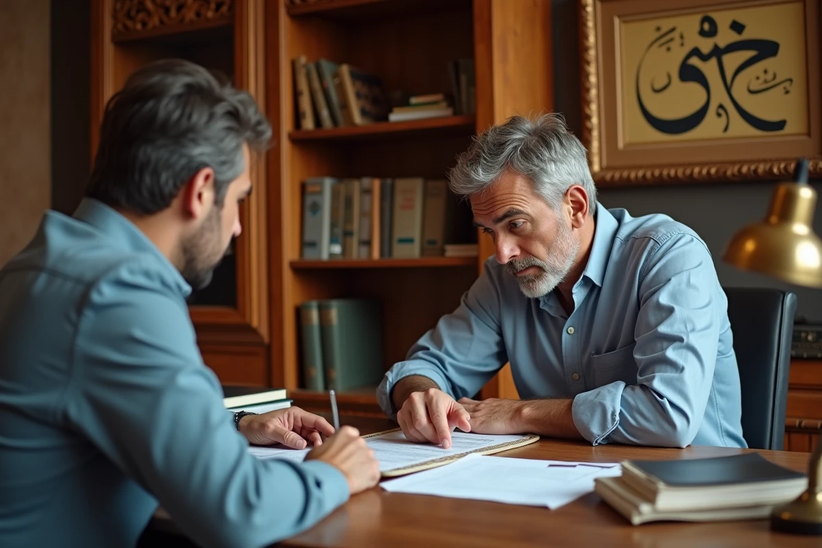Acheteur étranger examinant un contrat immobilier avec un notaire marocain dans un bureau à Marrakech