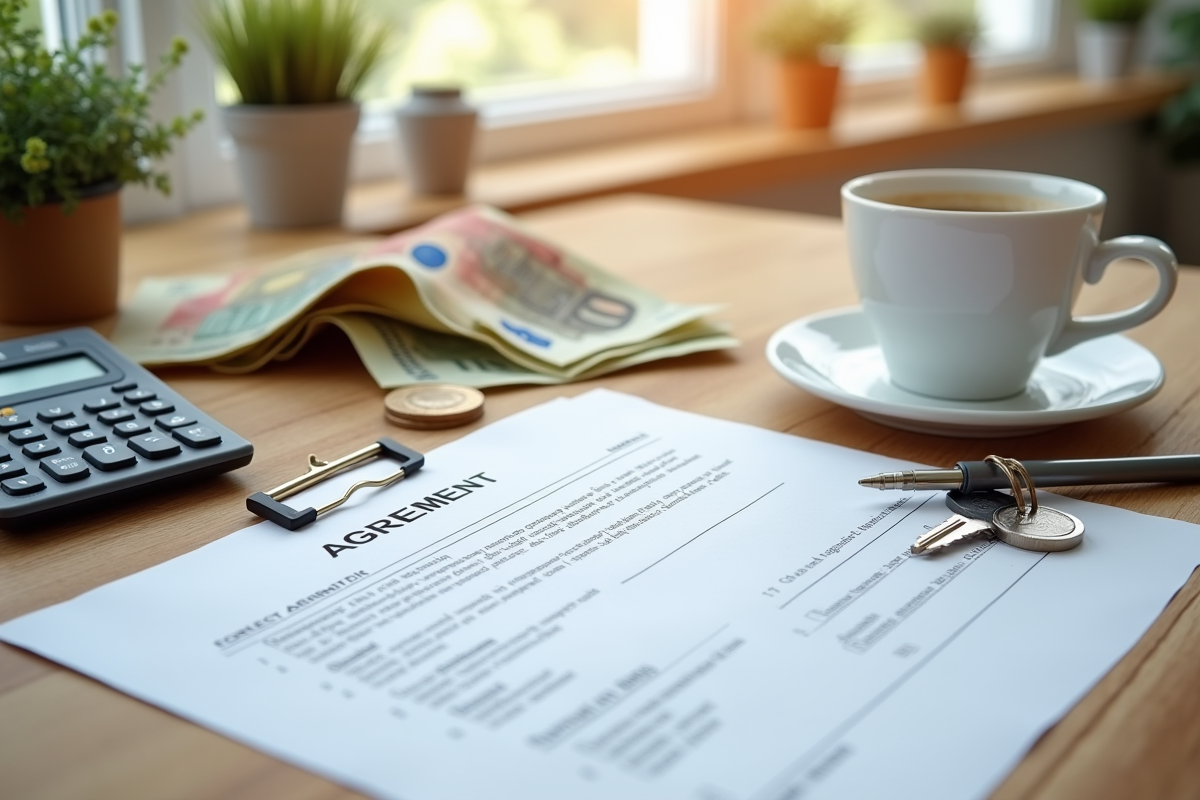 Contrat de location avec calculatrice et argent sur un bureau moderne