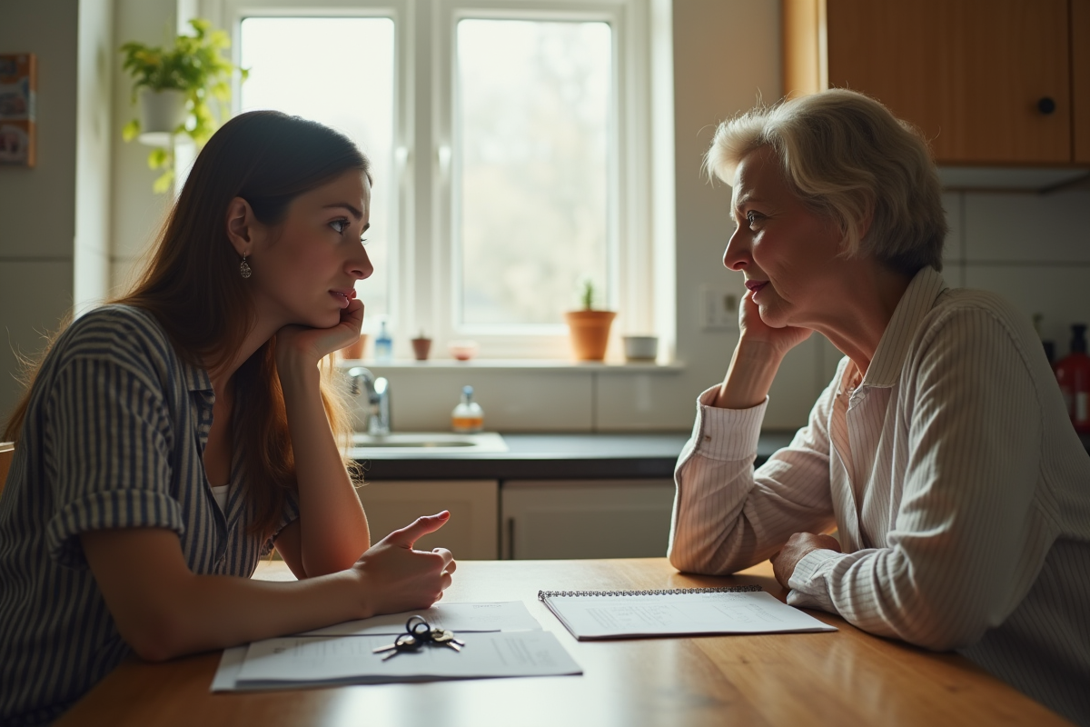 Jeune adulte inquiet parlant à une femme âgée à une table de cuisine