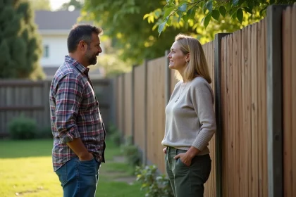 Homme et femme discutent pr&egrave;s de la cl&ocirc;ture dans un quartier r&eacute;sidentiel