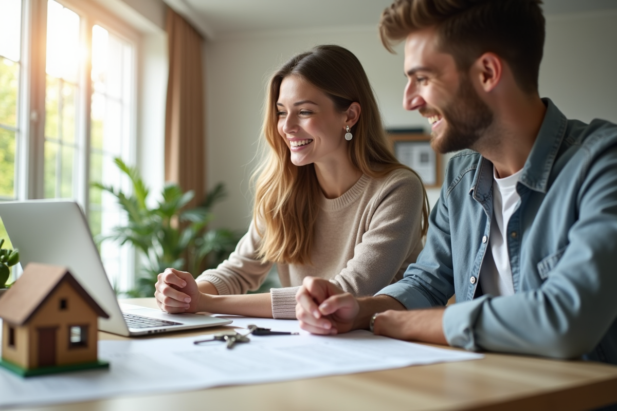 Jeune couple souriant avec documents immobilier et clés