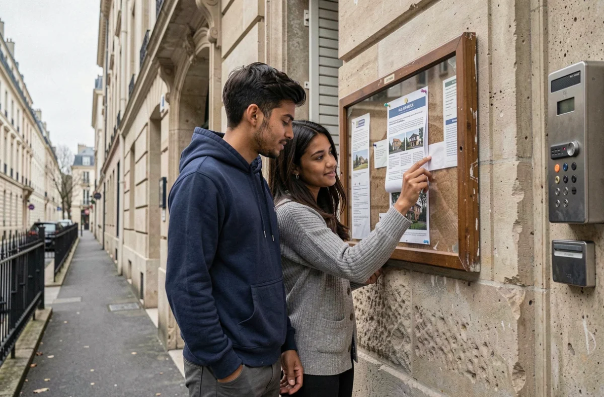 Couple consultant une annonce LOC annonce logement social devant un immeuble parisien
