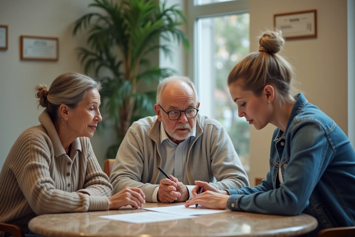 Vieux couple et notaire expliquant un document dans une salle accueillante