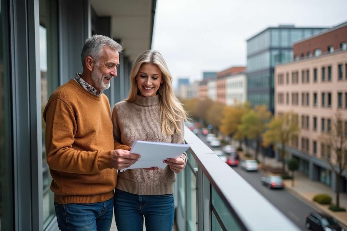 Couple souriant examinant un rapport immobilier sur un balcon