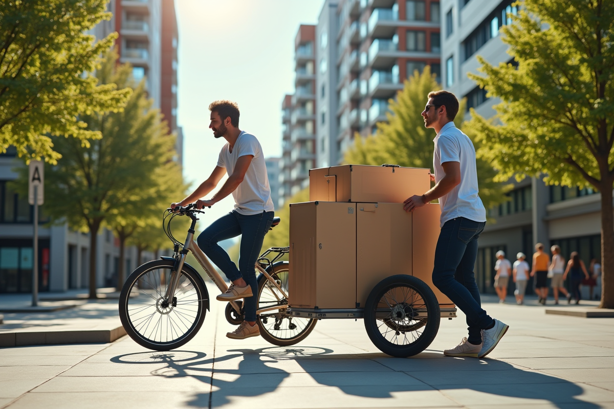 Un couple chargeant des meubles sur un vélo cargo devant un immeuble moderne