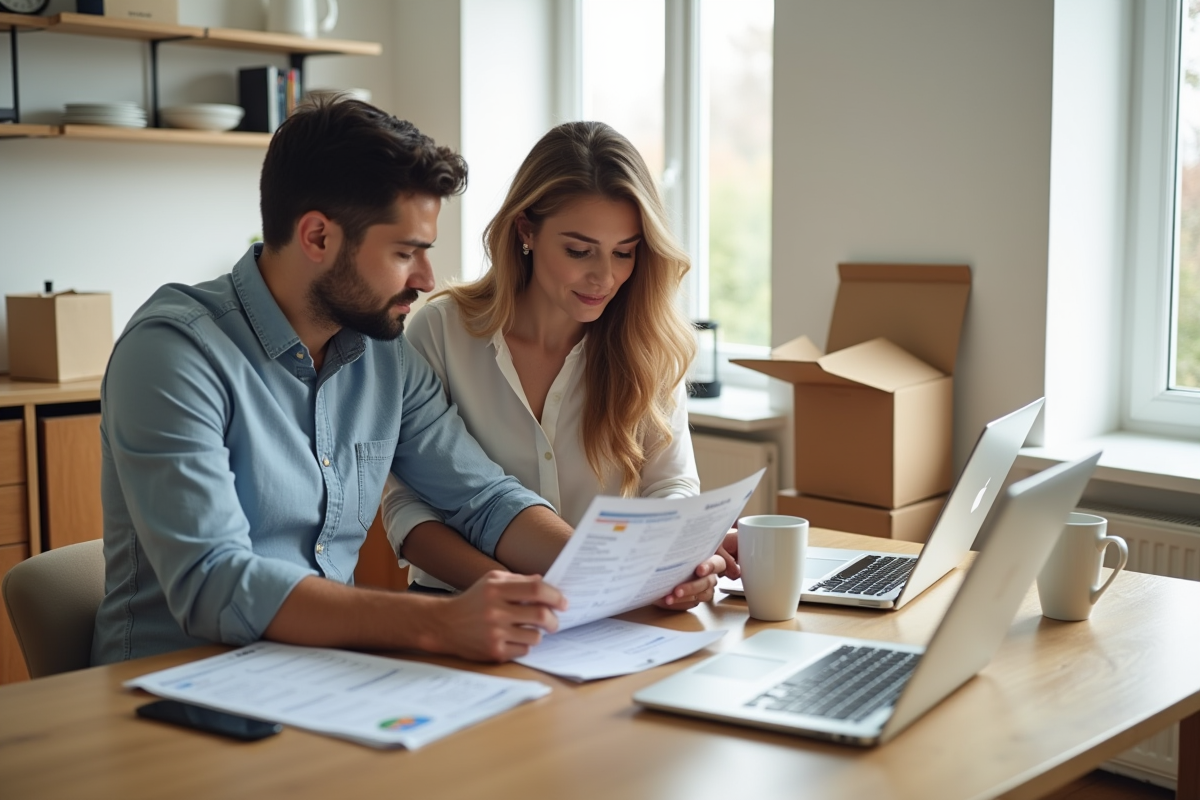 Un couple choisit une brochure de déménagement à la cuisine