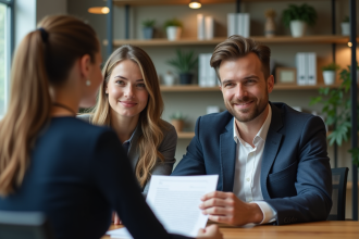 Jeune couple avec conseiller bancaire dans un bureau moderne