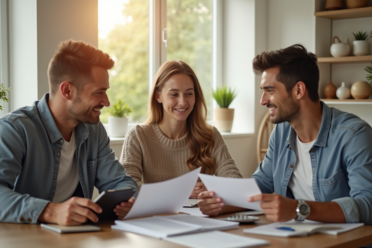 Jeune couple avec conseiller immobilier discutant d'un prêt immobilier