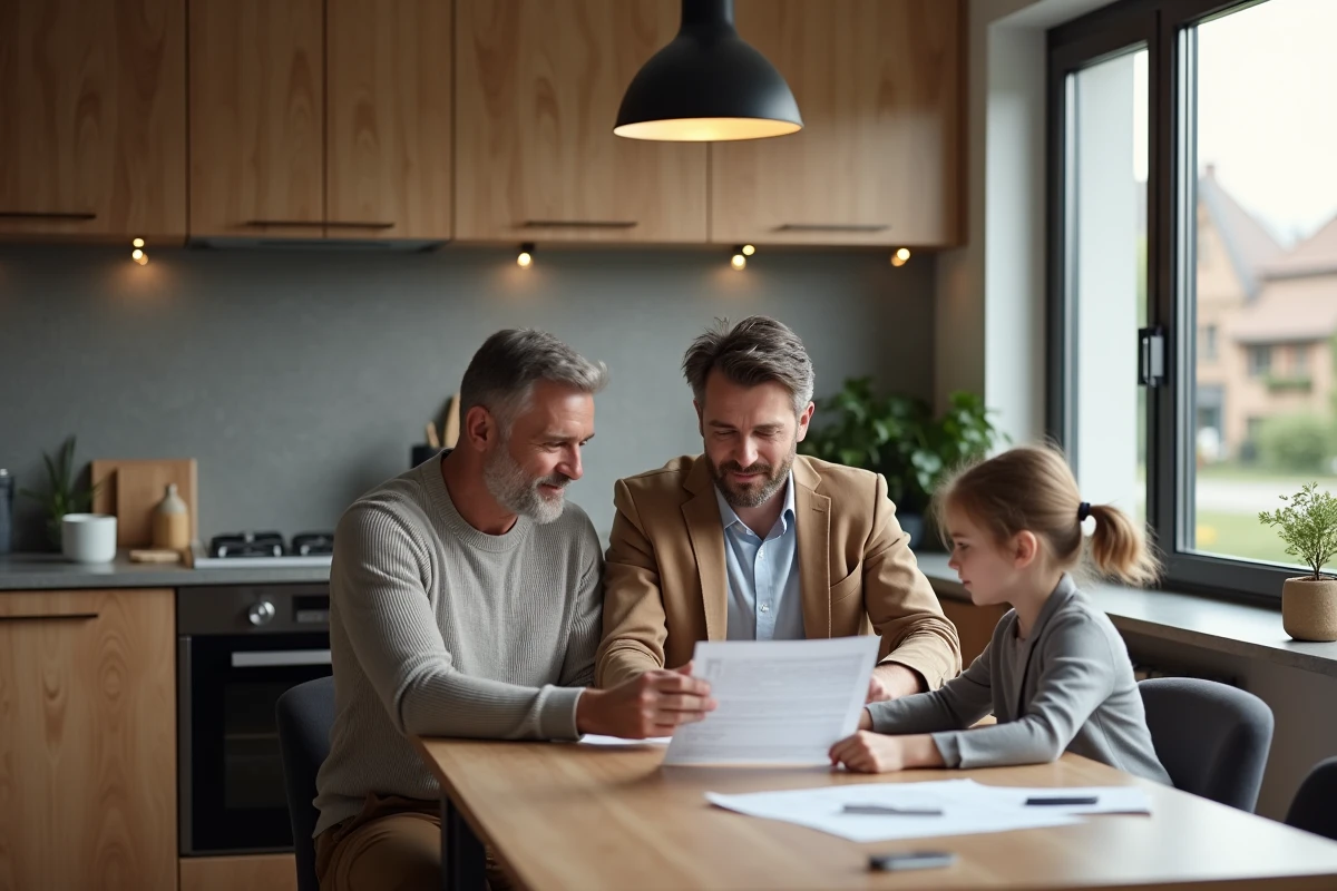 Couple en cuisine moderne examinant des documents hypothécaires