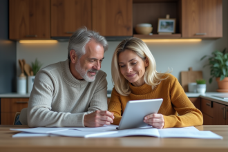 Couple d'âge moyen dans une cuisine moderne regardant des documents