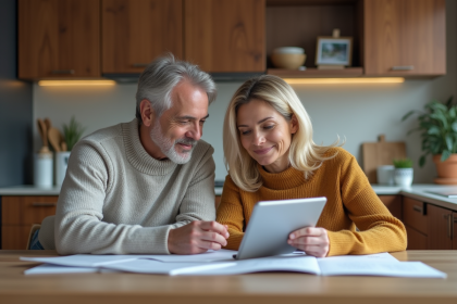 Couple d'&acirc;ge moyen dans une cuisine moderne regardant des documents