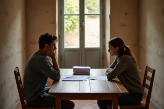 Couple en instance de divorce assis à une table avec des documents de vente immobilière dans une maison de style provençal dans le Gard