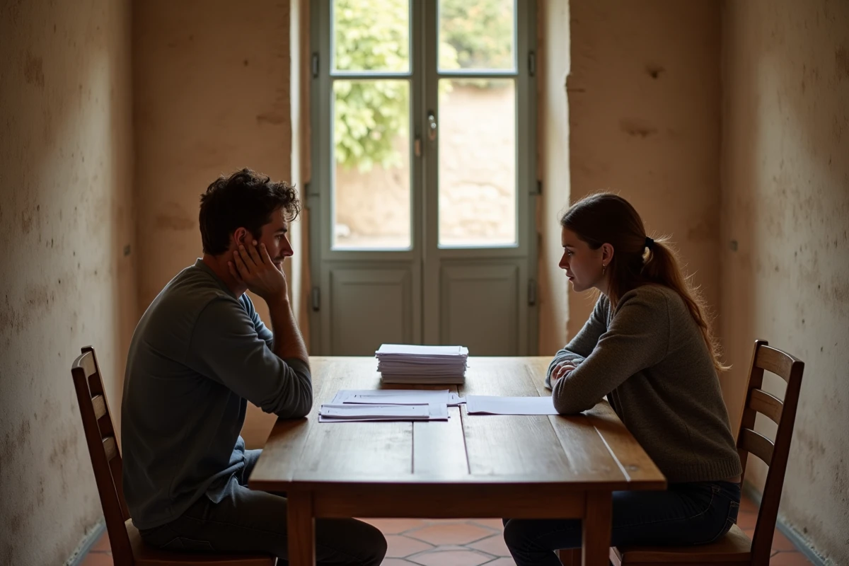 Couple en instance de divorce assis à une table avec des documents de vente immobilière dans une maison de style provençal dans le Gard