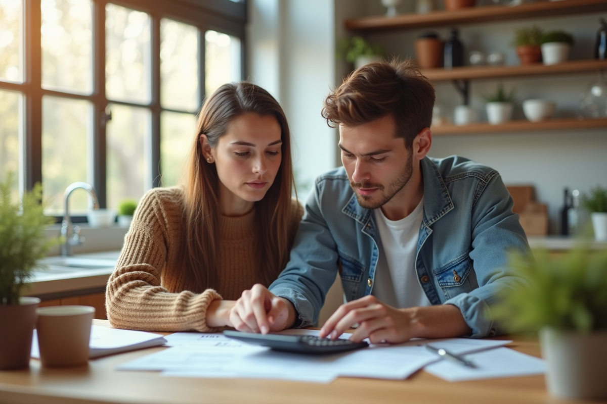 Jeune couple à la cuisine examine documents financiers
