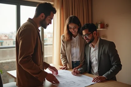Jeune couple marocain examine des plans dans un appartement